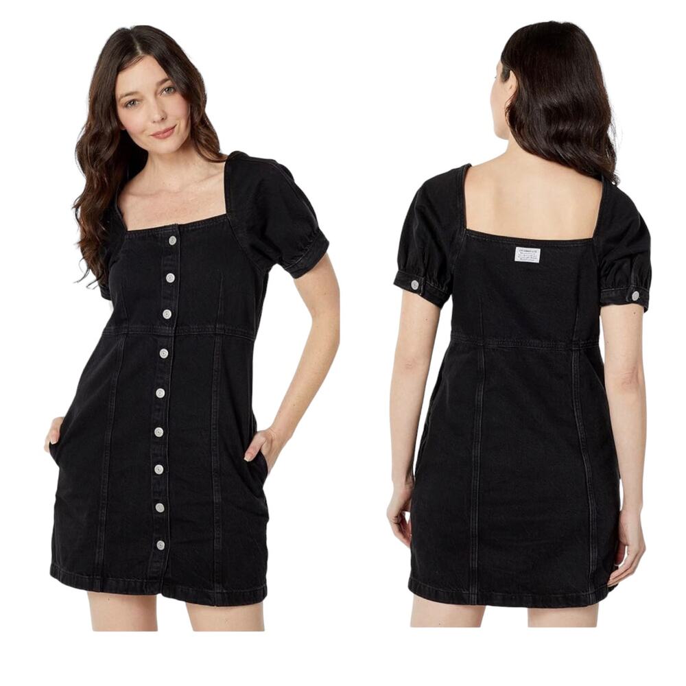 Levis Rhode Denim Mini Dress Sz XS Black Puff Sleeves Button Front Square Neck